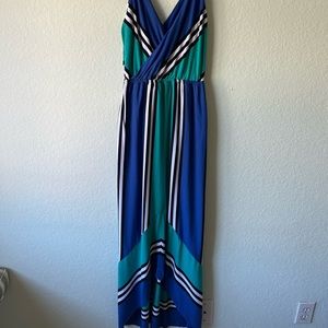 Blue and green striped knit maxi Sun dress from Bebe